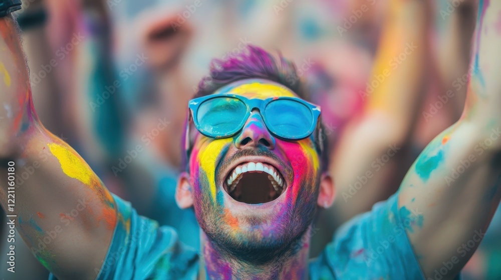 Obraz premium A joyful person covered in vibrant colors celebrates at a festival, showcasing enthusiasm and energy in a lively crowd.