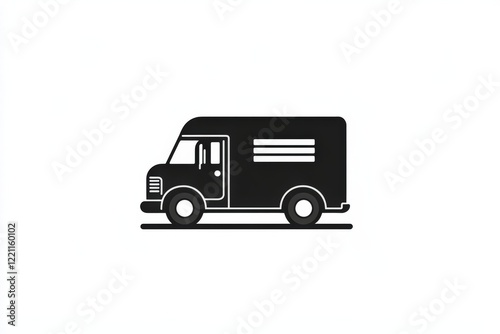 A black delivery truck is driving steadily on a plain white background