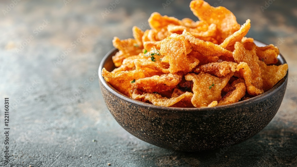 Fototapeta premium Bowl of crispy fried pork rinds with seasoning