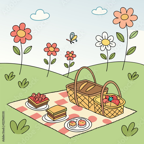 Spring picnic setup with food and flowers vector illustration