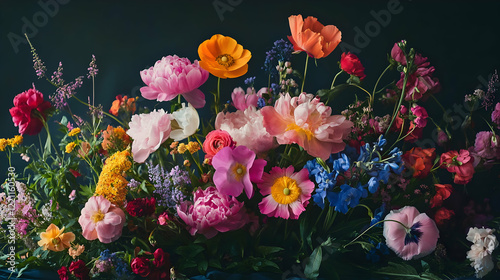 Fototapeta Naklejka Na Ścianę i Meble -  Vibrant spring flower arrangement, dark background, studio shot, home decor