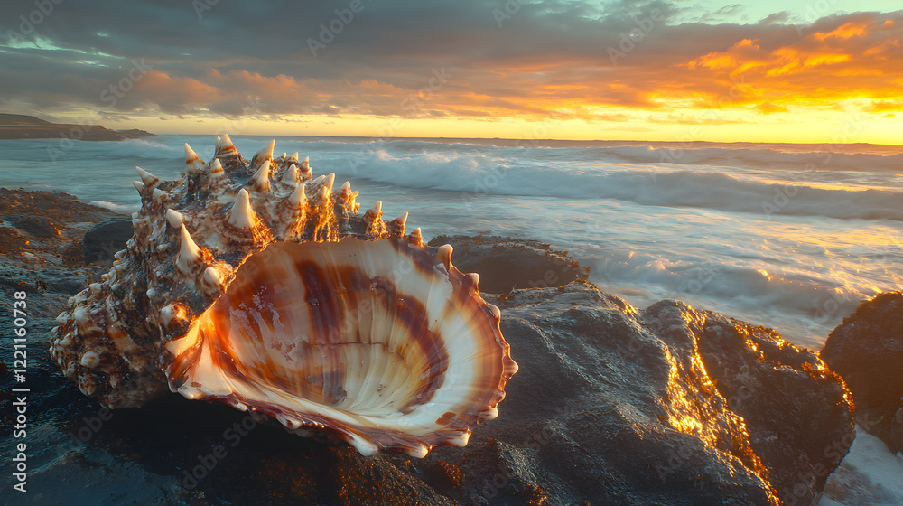 The Stunning Beauty of a Spiny Oyster Shell Revealed on a Coastal Rock Formation at Sunset with Lapping Waves The Stunning Beauty of a Spiny Oyster Shell Revealed on a Coastal Rock Formation at Sunset with Lapping Waves