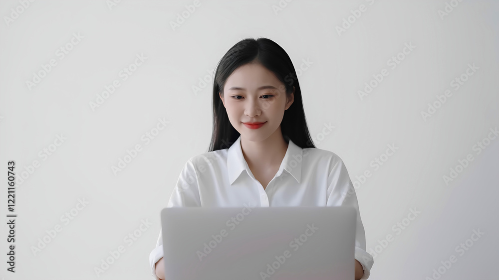Remote worker on a video conference call with a clean white background. Remote worker on a video conference call with a clean white background.