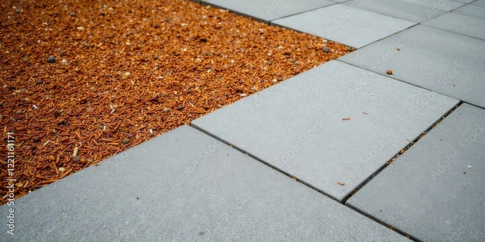Fototapeta premium Grey paving stones meet reddish-brown granular ground cover in an outdoor setting