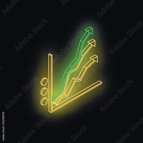 Glowing neon chart indicating positive growth and upward trend in isometric view