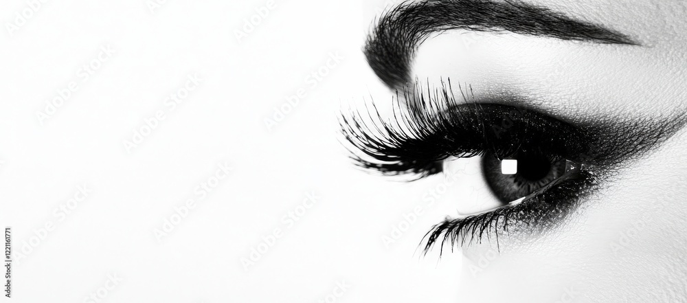 Obraz premium Close up of a woman s eye with long eyelashes on white bg