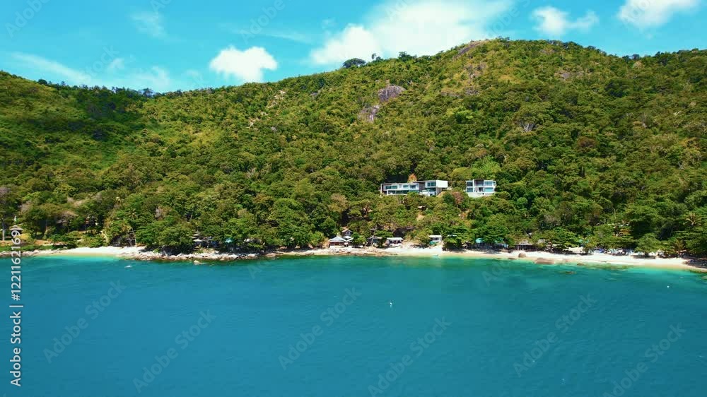 Tropical island coastline embraces tranquil turquoise waters Tropical island coastline embraces tranquil turquoise waters