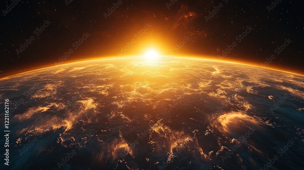 Earth sunrise, space view, atmospheric clouds, golden light, environmental use Earth sunrise, space view, atmospheric clouds, golden light, environmental use