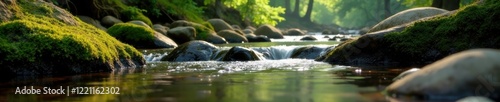 Gentle stream trickling over smooth rocks and moss, forest, trickle