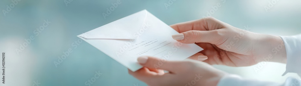 A hand holding a white envelope in a soft focus background. A hand holding a white envelope in a soft focus background.