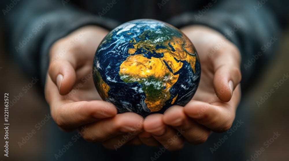 Hands holding Earth, global responsibility, nature background, environmental conservation Hands holding Earth, global responsibility, nature background, environmental conservation