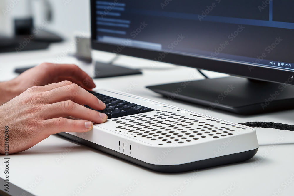 custom made wallpaper toronto digitalModern Braille display device connected to a computer, with a visually impaired person using it to read digital text.