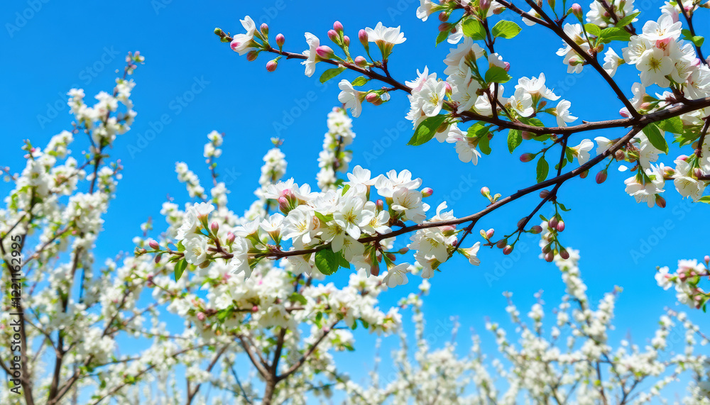 Close-up of blossoming cherry tree branches covered in white petals against a vibrant blue sky on a sunny day. Close-up of blossoming cherry tree branches covered in white petals against a vibrant blue sky on a sunny day.