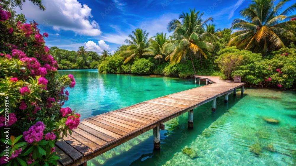 Fototapeta premium A serene wooden dock suspended above a tranquil turquoise lagoon surrounded by lush green tropical vegetation and vibrant exotic flowers , harbor, wood dock