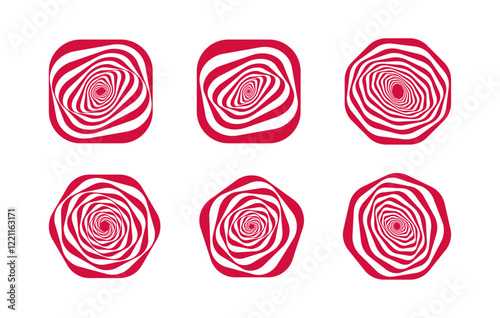 Abstract wavy spiral designs set in red and white with optical illusion effects. Features distorted shapes in rounded and polygonal frames, ideal for logos, branding, and creative projects.