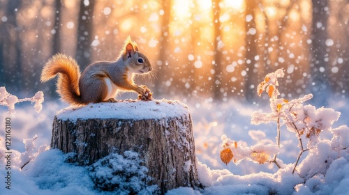 Squirrel on Snow-Covered Stump in Winter Light