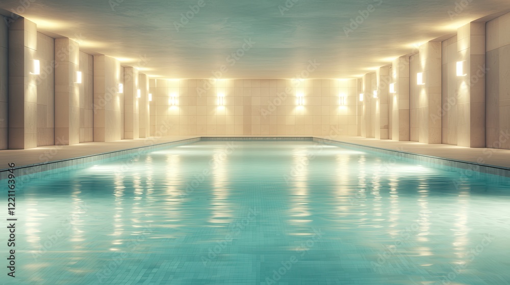 Fototapeta premium Luxury hotel interiors with exclusive lighting. Indoor swimming pool with soft lighting and tranquil water surface.