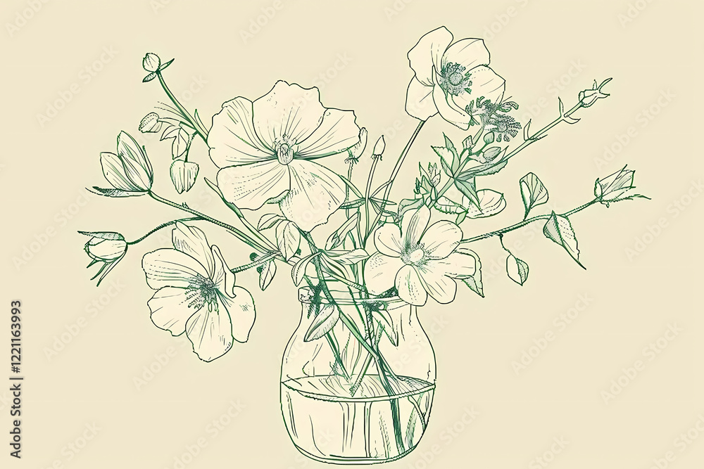 Obraz premium flowers in vase, features blooming flowers, small buds, and leafy branches, all drawn in a simple, monochrome line art style with a green hue set against a light background