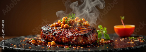 Succulent grilled meat with Chermoula marinade, gourmet dining ambiance photo