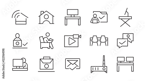 Work from home line icon set.  Contains such Icons as a freelancer, Remote work, Coworking, Video Conference, hybrid work, digital nomad, and Remote work line icon set. UI thin line icon pack.