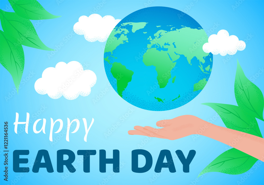 Earth Day card with grainy texture, hand holding planet