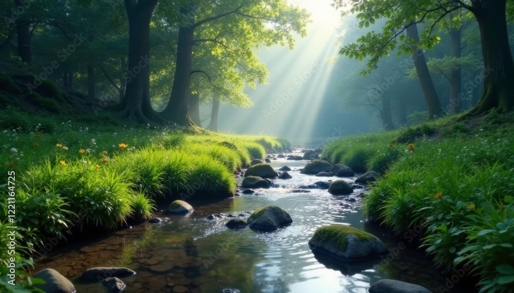 Gentle stream weaves through misty forest meadow, rocks, peaceful Gentle stream weaves through misty forest meadow, rocks, peaceful