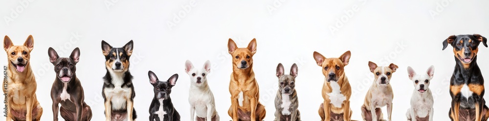 Dogs of various breeds are lined up in a row on a white background Dogs of various breeds are lined up in a row on a white background