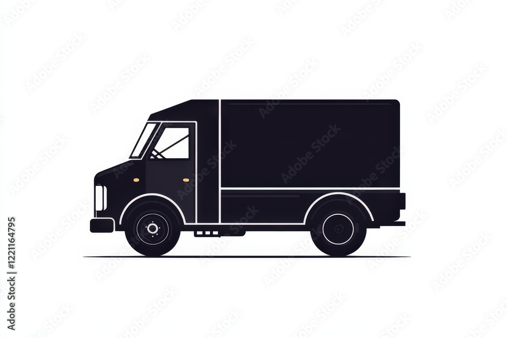 A black delivery truck is driving steadily on a plain white background A black delivery truck is driving steadily on a plain white background