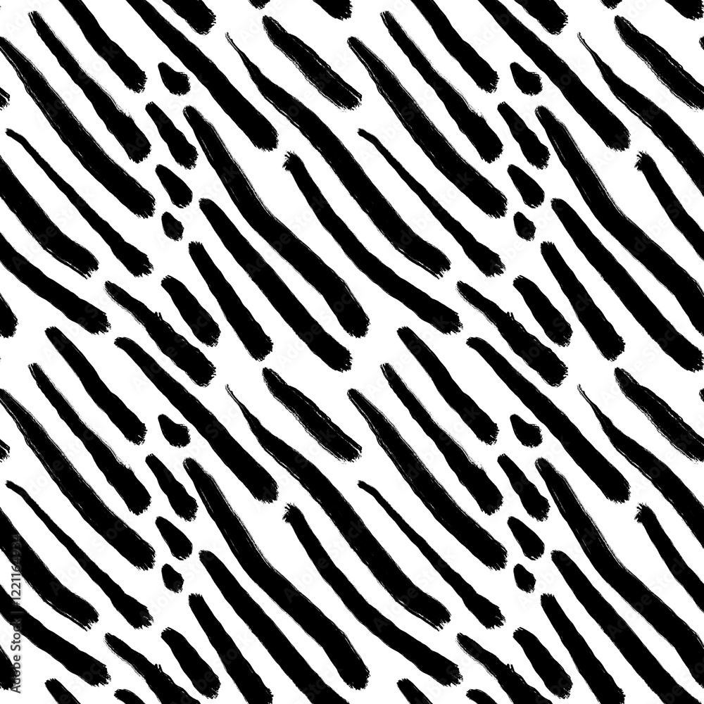 Seamless abstract geometric pattern. Background in black, white. Illustration. Diagonal lines. Design for textile fabrics, wrapping paper, background, wallpaper, cover.