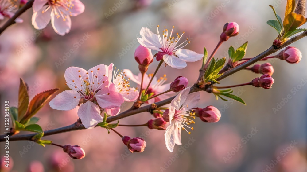 Obraz premium Close-up Spring Blossom Branch Soft Pink Flowers and Buds, Macro Photography, Nature's Beauty, Springtime, Floral, Botany Spring blossoms,macro photography