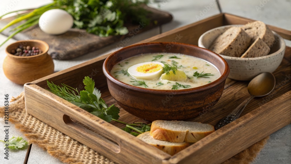 Creamy Egg and Herb Soup in Rustic Bowl, Wooden Tray, Food Photography, Spring Recipe, Soup Recipe Keywords Soup, Recipe Creamy Egg and Herb Soup in Rustic Bowl, Wooden Tray, Food Photography, Spring Recipe, Soup Recipe Keywords Soup, Recipe