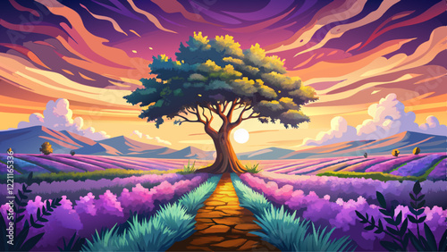 Majestic scenery of lonely tree growing in field with blooming lavender flowers on background of colorful sundown sky