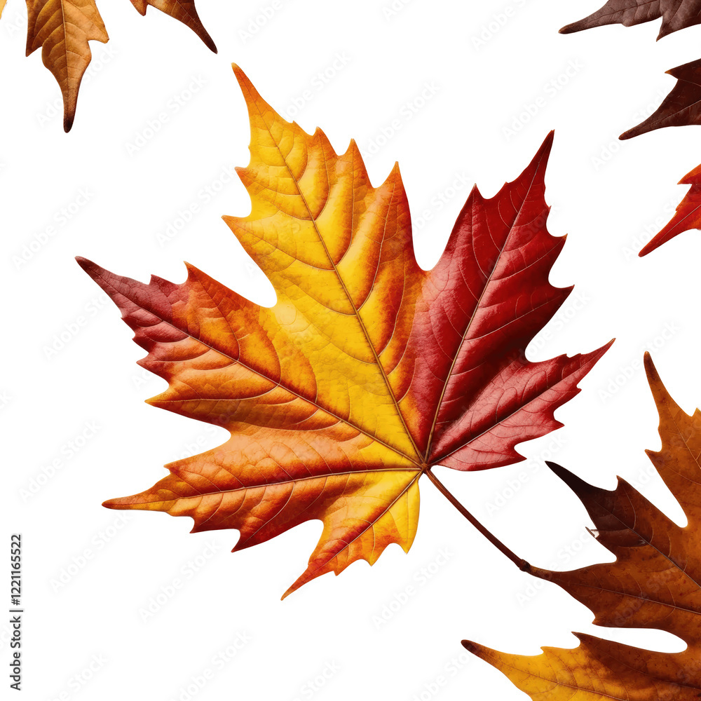 Produce a detailed image of a solitary autumn leaf, showcasing rich fall colors, on a clean white background for seasonal marketing visuals. Produce a detailed image of a solitary autumn leaf, showcasing rich fall colors, on a clean white background for seasonal marketing visuals.