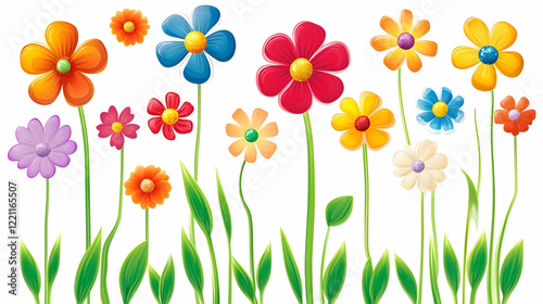 Fototapeta Naklejka Na Ścianę i Meble -  Colorful flowers blooming, garden illustration, white background, spring design