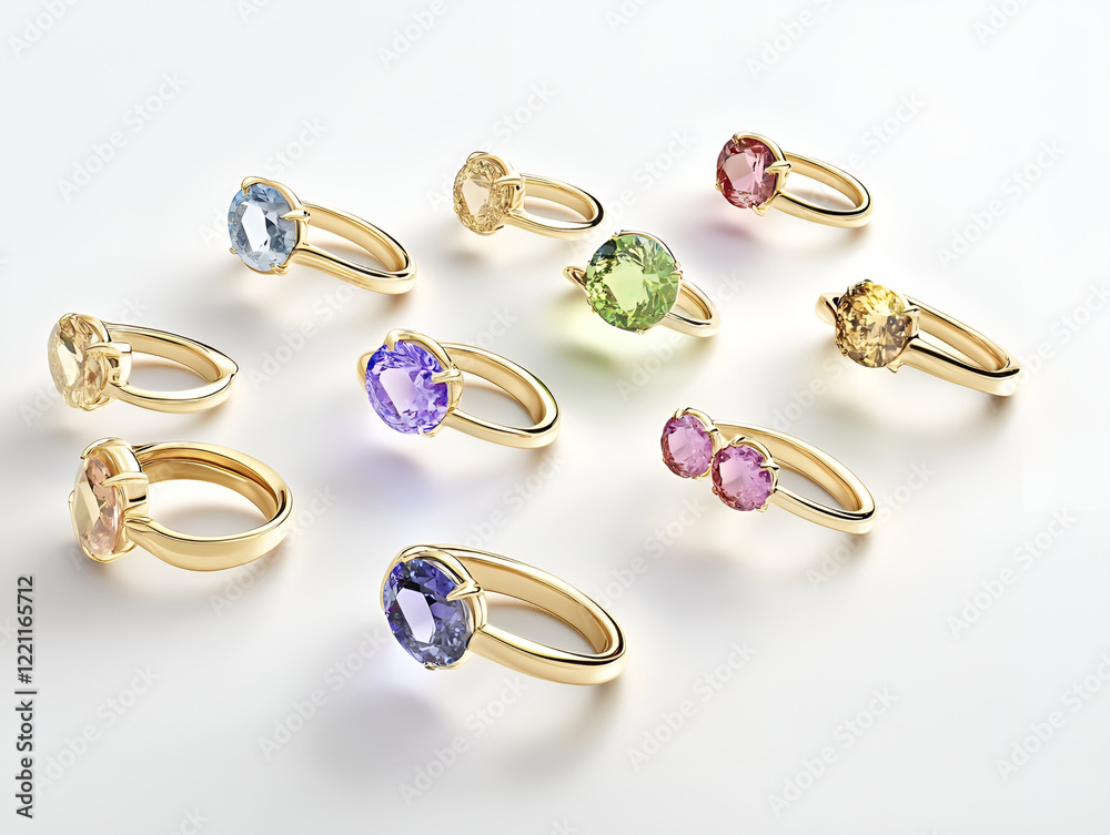 Elegant rings, colorful gemstones, gold setting, arranged view, luxury jewelry, copy space Elegant rings, colorful gemstones, gold setting, arranged view, luxury jewelry, copy space