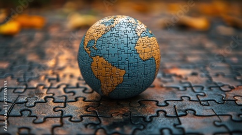 Puzzle globe on autumn leaves background; global issues concept; website banner