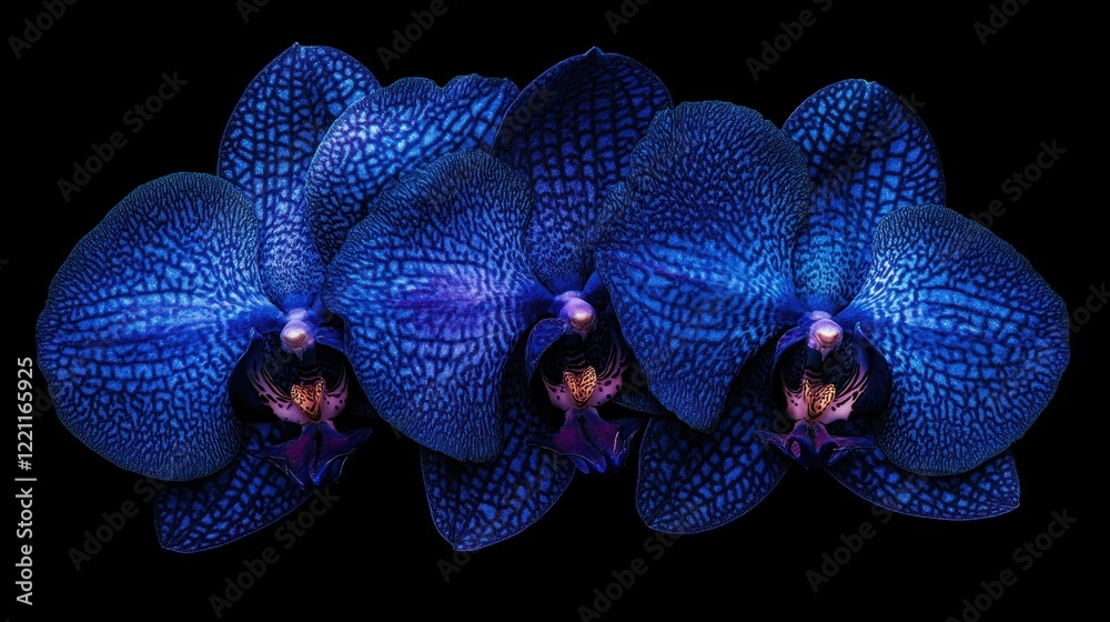 Fototapeta premium Three Blue Orchids on Black Background