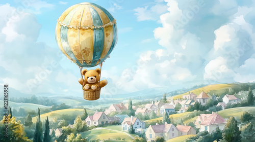 A whimsical teddy bear in a watercolor hot air balloon, flying over a picturesque village with pastel houses and rolling hills, under a bright sky