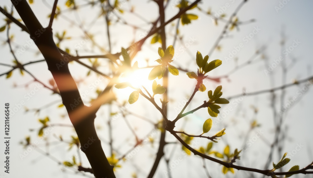 Warm sunlight shines through tender green leaves on a budding tree branch during early spring. Warm sunlight shines through tender green leaves on a budding tree branch during early spring.