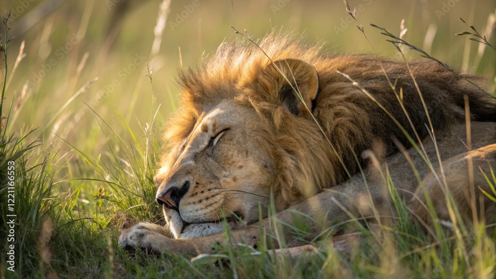Fototapeta premium Golden Hour Lion Nap Close-up Composition, Long Grass Setting, Peaceful Concept, Wildlife Photography, African Safari Lion, Wildlife Photography