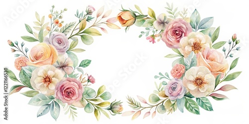 Delicate watercolor floral wreath with pastel colors and intricate details , artwork, illustration, artwork,illustration