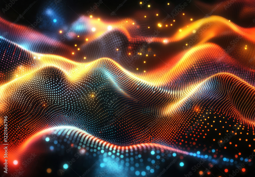 Obraz premium Glowing particles create a mesmerizing landscape of color and light in a digital abstract representation