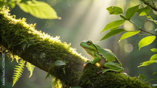 Green Tree Frog on Mossy Br...