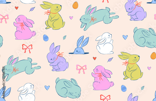 Easter seamless pattern design, Easter background hand drawn sweet illustrations of bunnies, eggs, bows, flowers and basket in dolce vita cute style, pastel colors illustrations