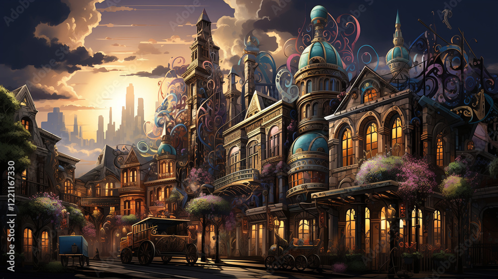 Naklejka premium Whimsical cityscape at sunset with ornate buildings