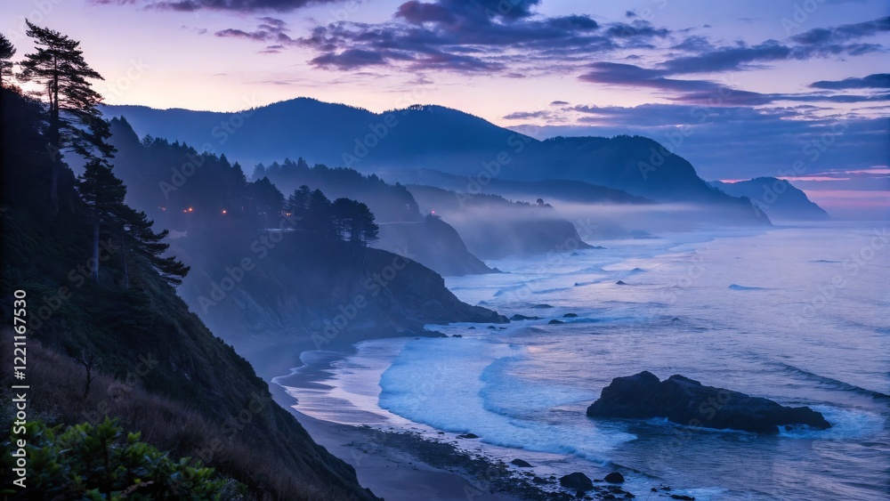 Obraz premium Misty Coastal Sunset Oregon Coastline Landscape Photography, Wide Composition, Twilight Sky, Ocean Waves, Rugged Cliffs. Oregon Coast, Landscape Photography