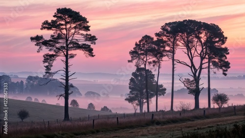 Misty Sunrise Landscape Sil...