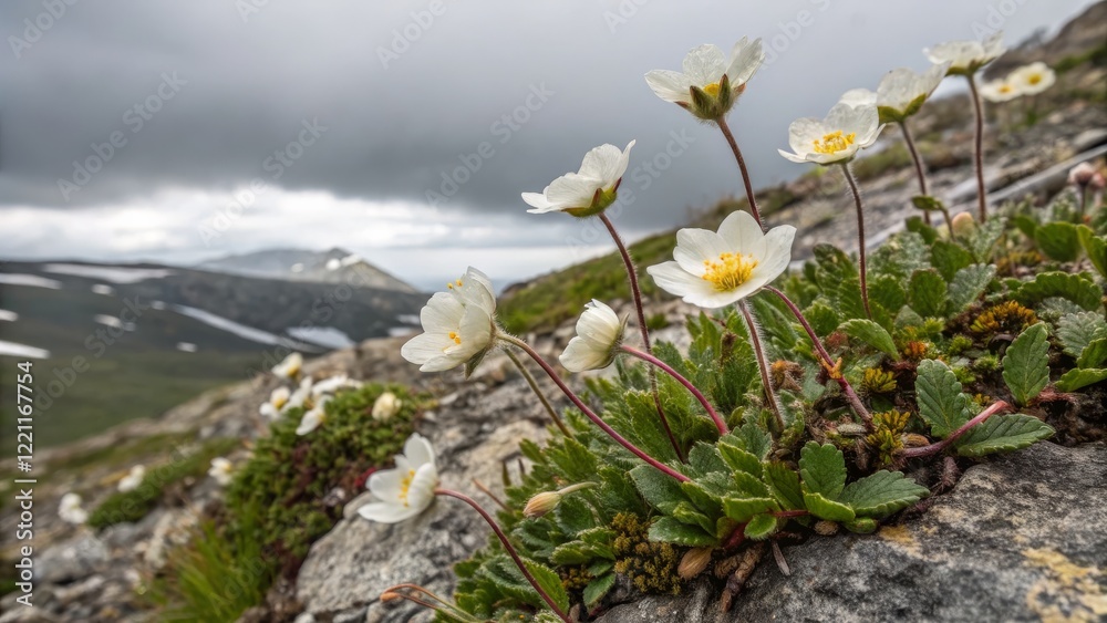 Obraz premium Mountain White Flowers in Bloom Close-up Composition, Rocky Landscape, Nature Photography, Alpine Flora Alpine Flowers, Mountain Photography