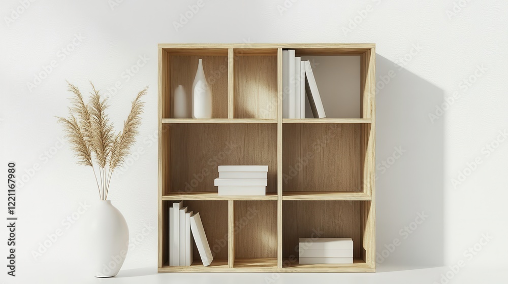 Minimalist Wooden Shelf with Decor Items and Books Minimalist Wooden Shelf with Decor Items and Books
