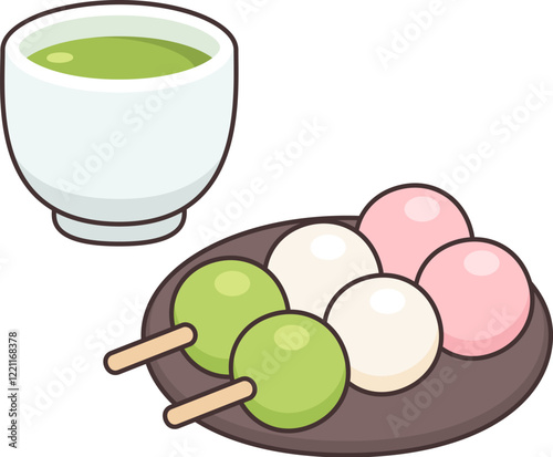 Hanami dango, traditional Japanese dessert, with cup of green tea. Simple cartoon vector illustration.